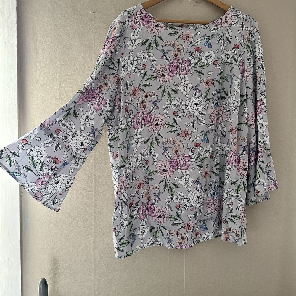 J Jill Womens Floral Bell Sleeve Tunic Top Size XL Tall Gray Stretch Feminine